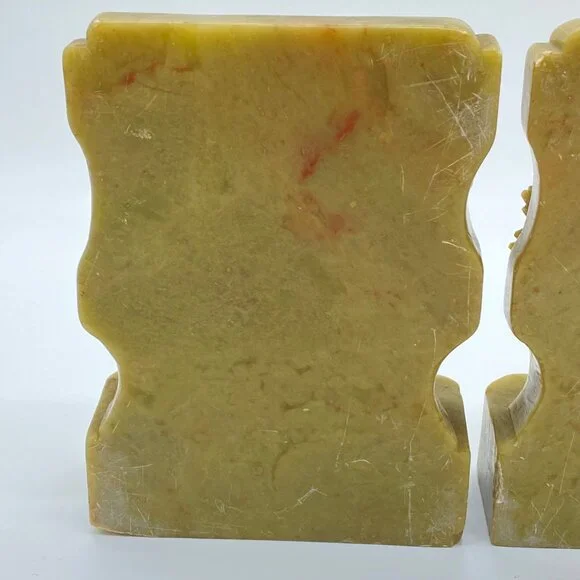 Vintage Pair of Hand-Carved Green Soapstone Bookends Phoenix Bird Lotus Flower - Picture 11 of 16